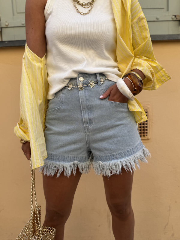 Short en jean clair à franges