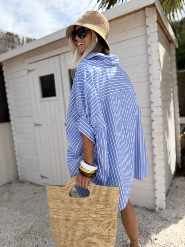 Chemise oversize AMALFI bleue à rayures roses