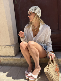 Beaded white crochet beanie
