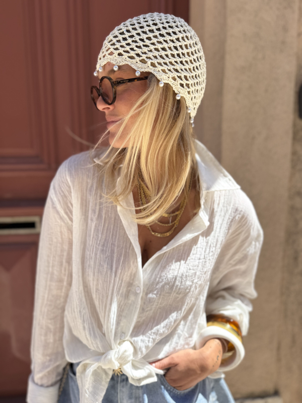 Beaded white crochet beanie