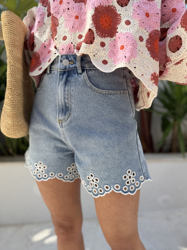 Embroidered denim shorts