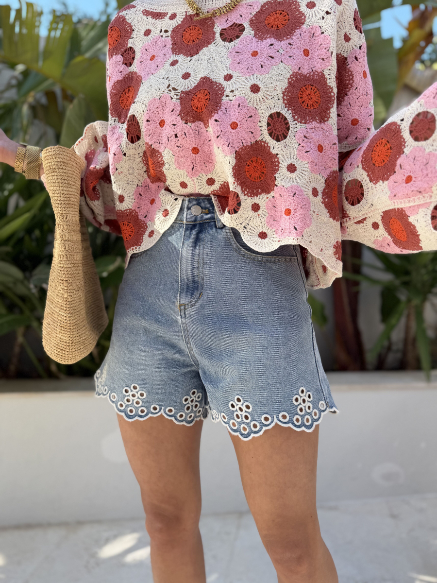 Embroidered denim shorts