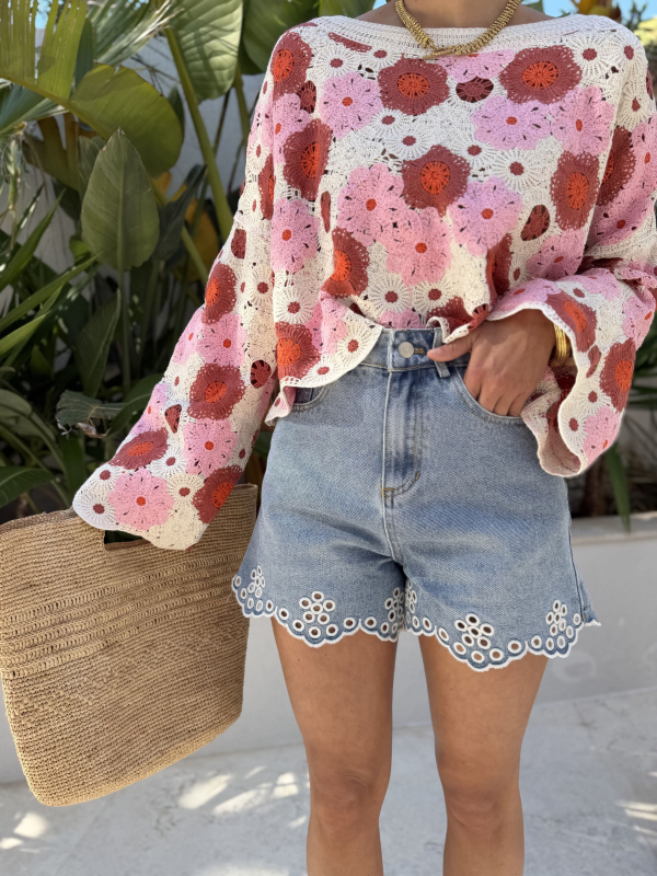 Embroidered denim shorts