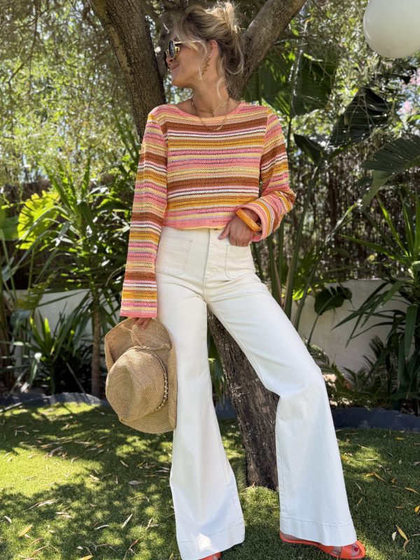 Jean flare beige taille haute à poches