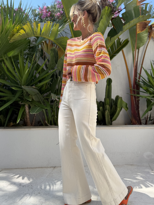 Jean flare beige taille haute à poches