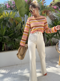 Jean flare beige taille haute à poches