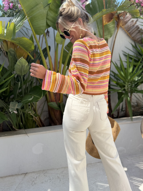 Jean flare beige taille haute à poches