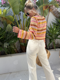 Jean flare beige taille haute à poches