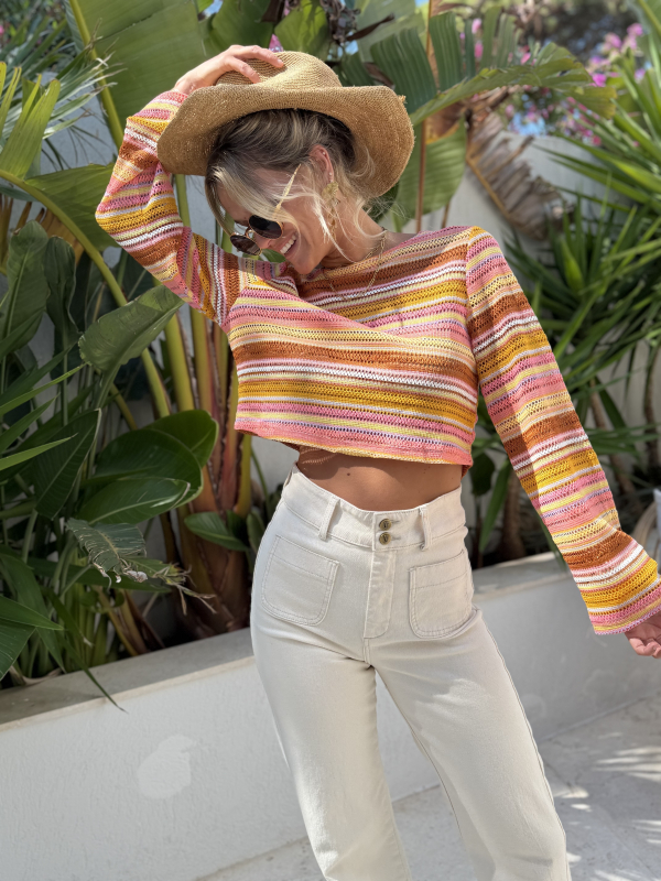 Jean flare beige taille haute à poches