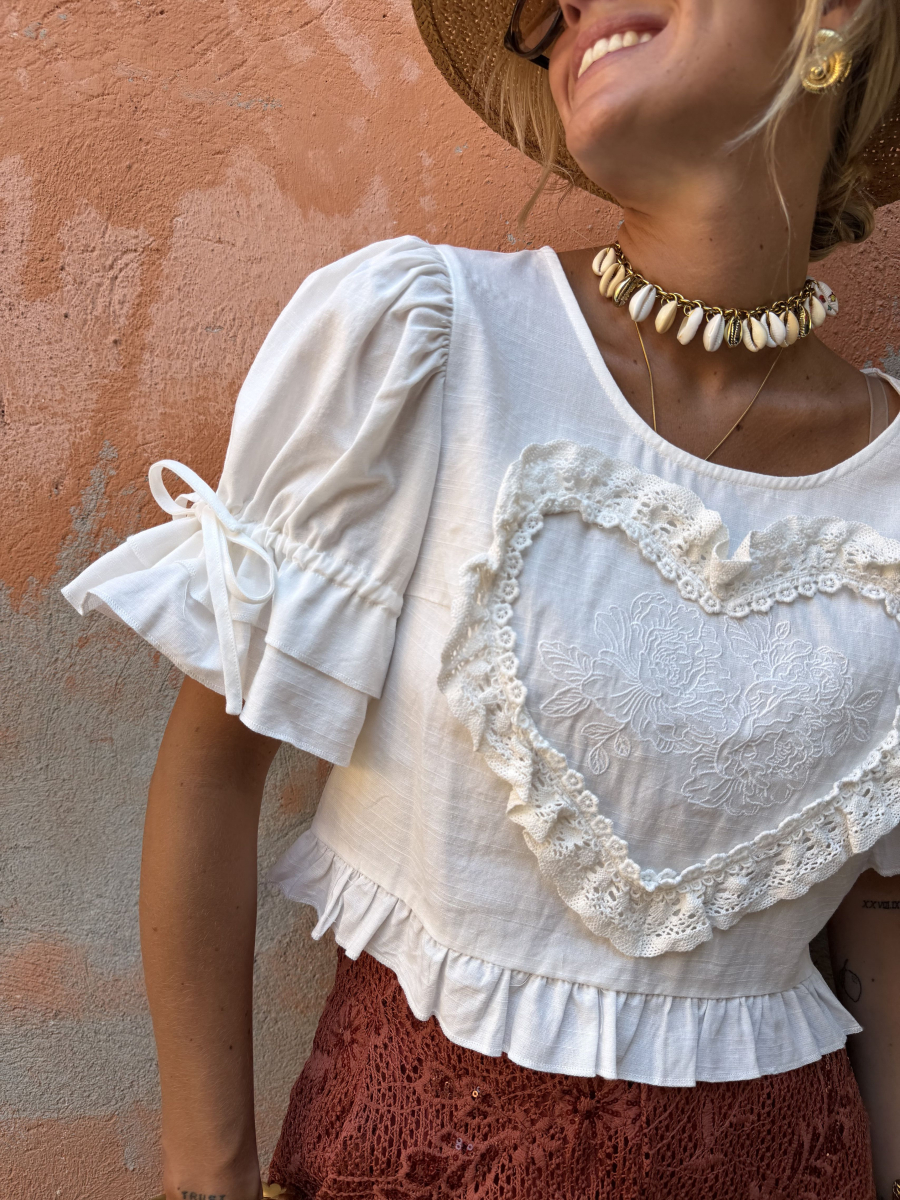 Embroidered HEART white crop top