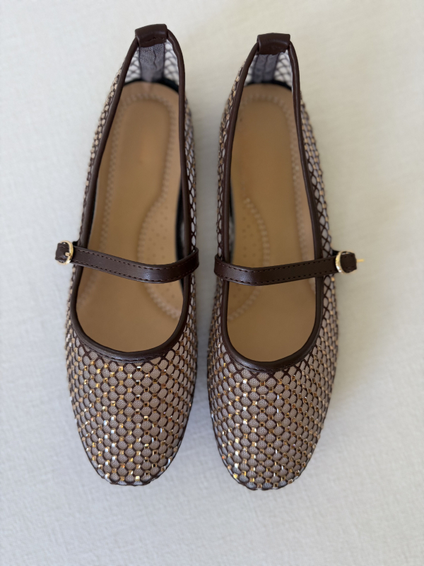 AMBER chocolate rhinestone ballerinas