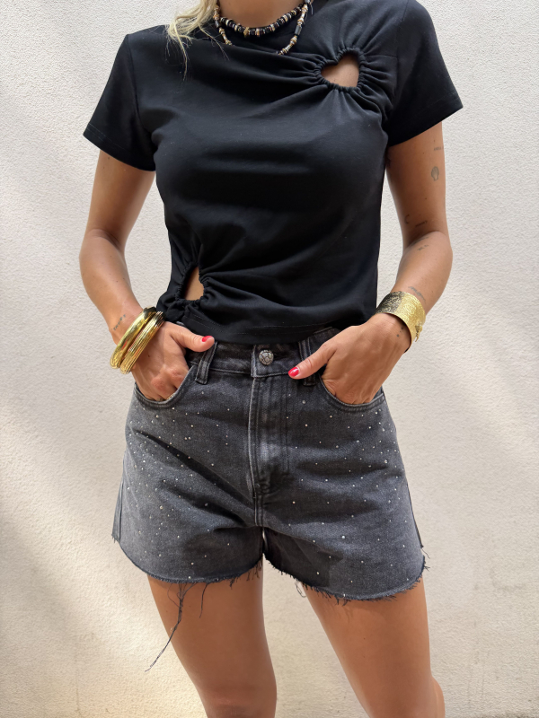 Short en jean noir à strass