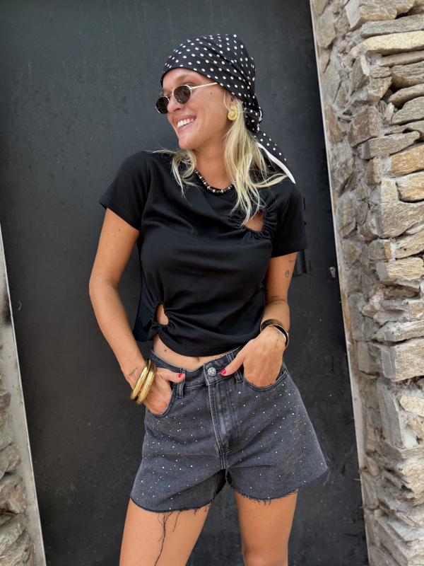 Short en jean noir à strass