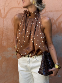 Camel top with écru polka dots