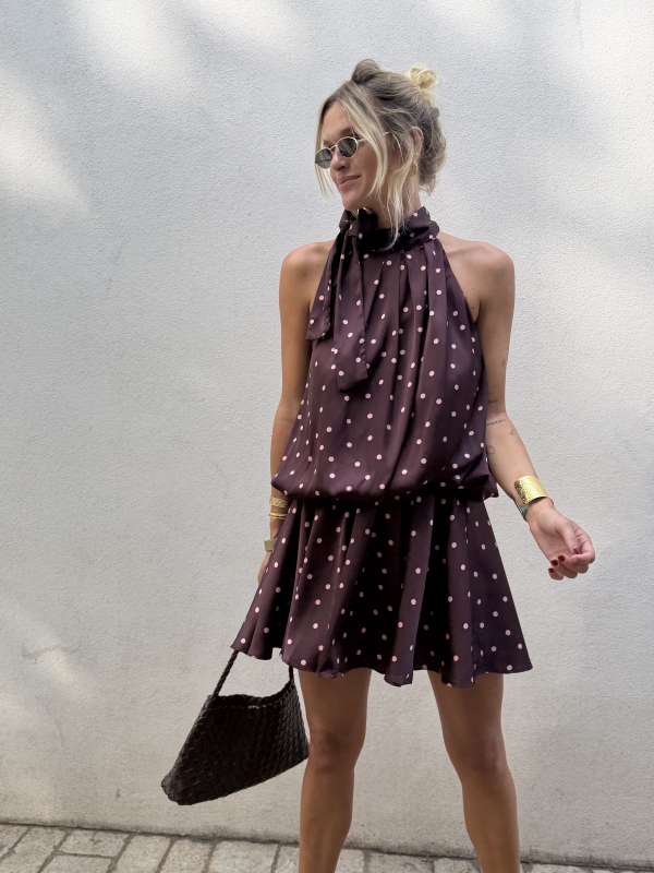 Robe FELICIA bordeaux à pois roses