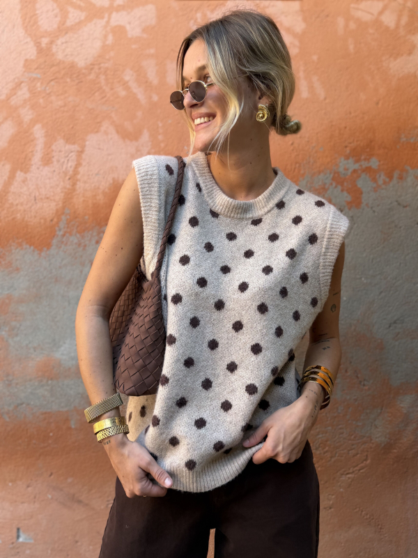 Pull PEARL sans manches beige pois choco