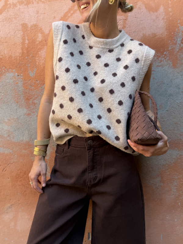 Pull PEARL sans manches beige pois choco