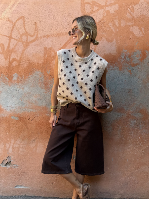 Pull PEARL sans manches beige pois choco