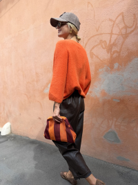Orange/burgundy striped clutch