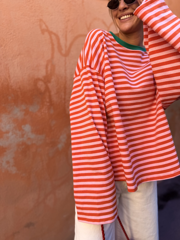 Marinière BIARRITZ rose/orange col vert - Précommande