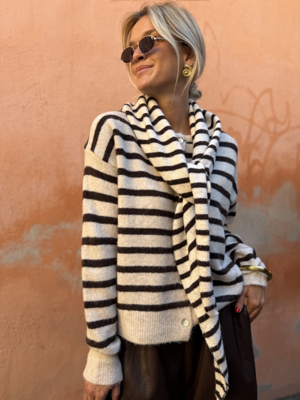 AUSTIN Chocolate Striped Cardigan with Scarf