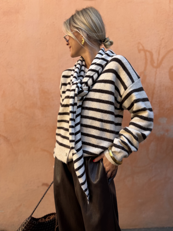 AUSTIN Chocolate Striped Cardigan with Scarf