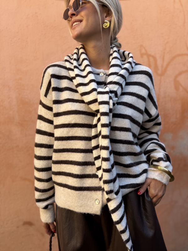 AUSTIN Chocolate Striped Cardigan with Scarf