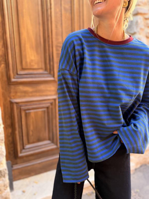 BIARRITZ blue/khaki shirt with burgundy collar - Pre-order