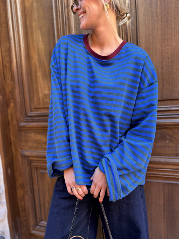 BIARRITZ blue/khaki shirt with burgundy collar - Pre-order