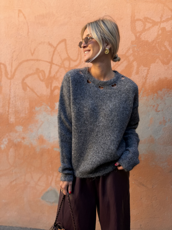 Anthracite grey sweater with openwork hearts