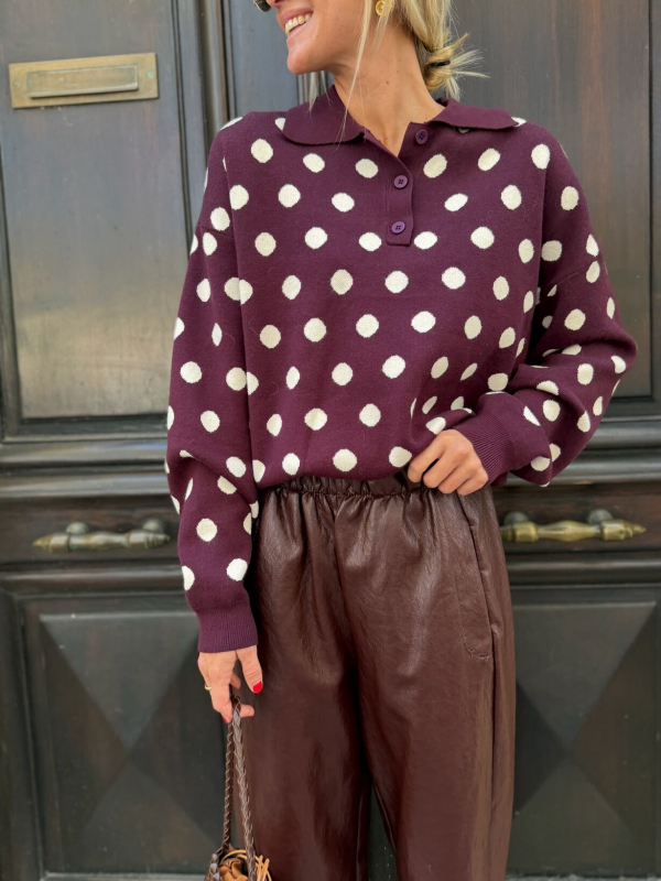 Burgundy sweater with white polka dots