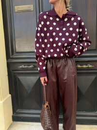 Burgundy sweater with white polka dots