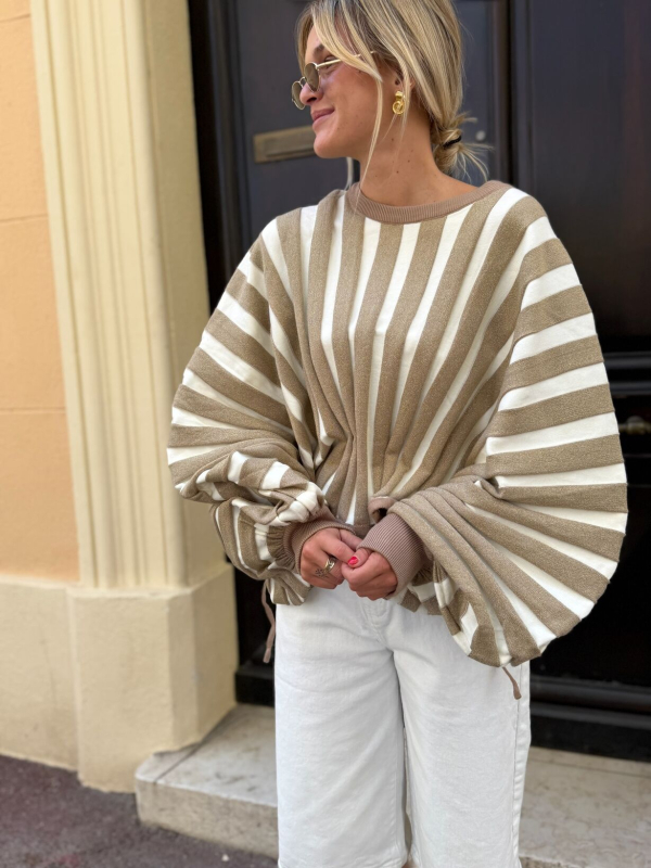 Pull JUNE rayé lurex beige/blanc