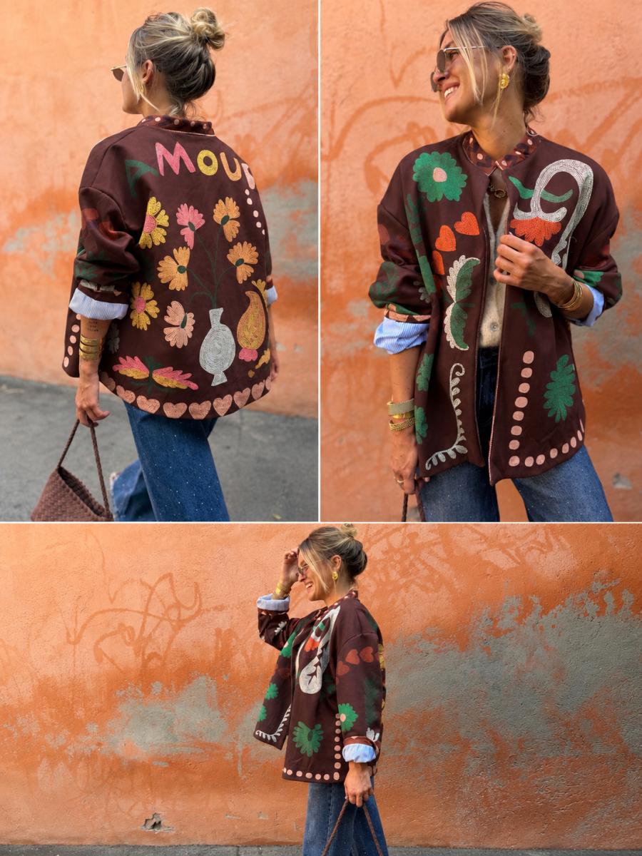 Veste AMOUR chocolat à motifs imprimés