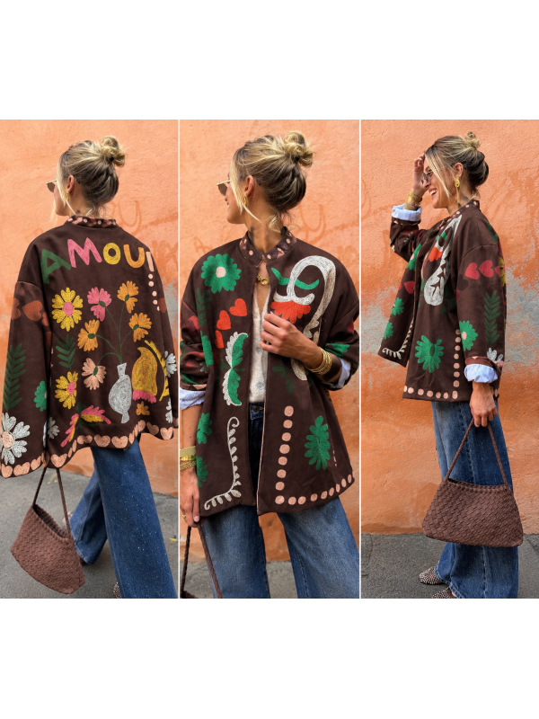 Veste AMOUR chocolat à motifs imprimés
