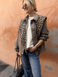 Taupe trench coat with leopard scarf