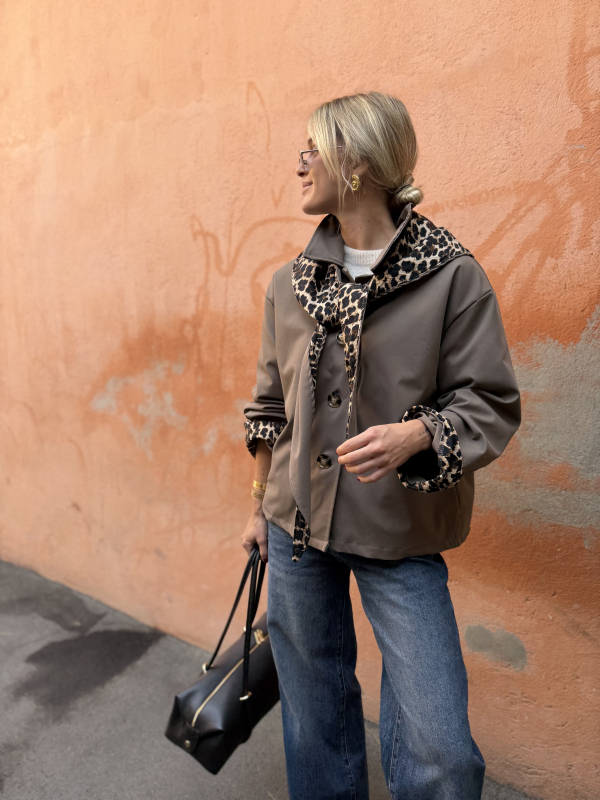 Taupe trench coat with leopard scarf