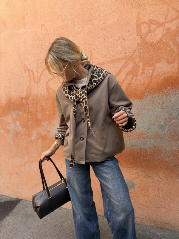 Taupe trench coat with leopard scarf