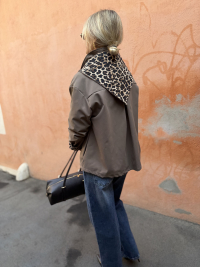 Taupe trench coat with leopard scarf
