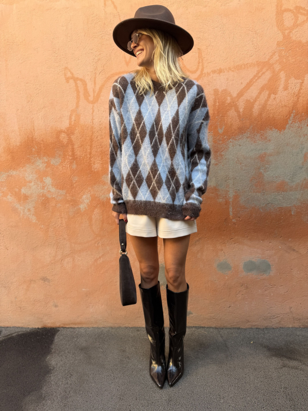 Chocolate/sky blue diamond-pattern sweater