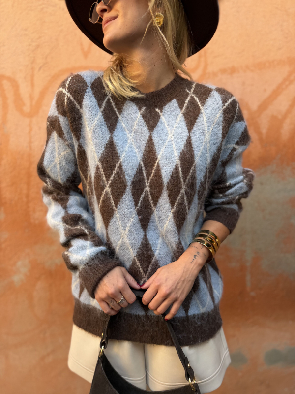 Chocolate/sky blue diamond-pattern sweater