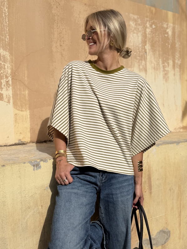 Ecru/green striped tee-shirt