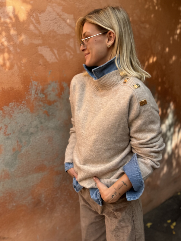 Pull MALONE beige chiné boutons dorés